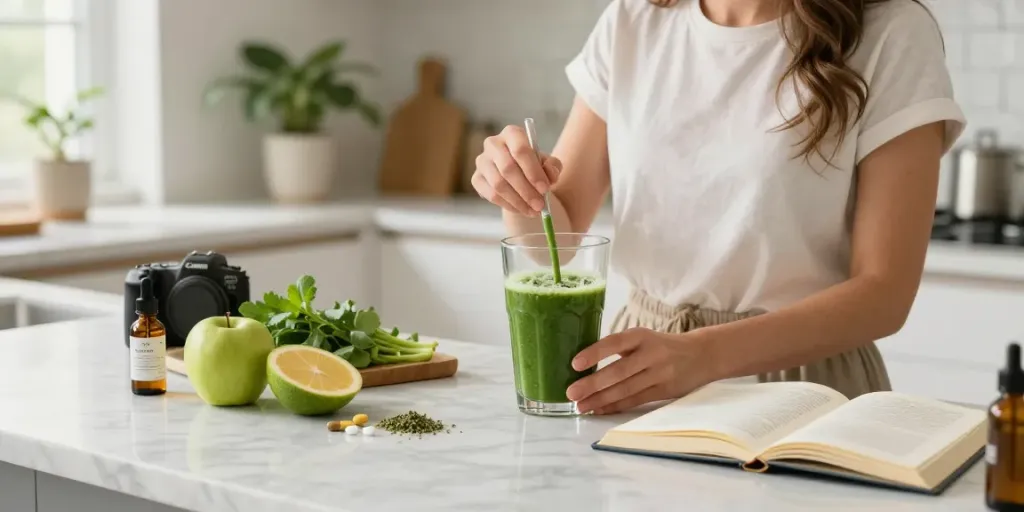 Buds UK - woman using CBD oil in a bright kitchen, promoting natural wellness.