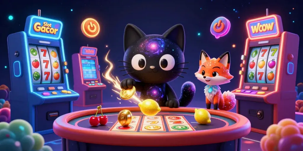 Slot Gacor menghadirkan suasana kasino yang penuh warna dengan karakter kucing hitam dan nebula rubah menarik perhatian pemain.