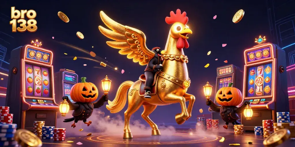 Experience bro 138's thrilling gaming adventure with golden rooster and slot machines in vibrant casino.
