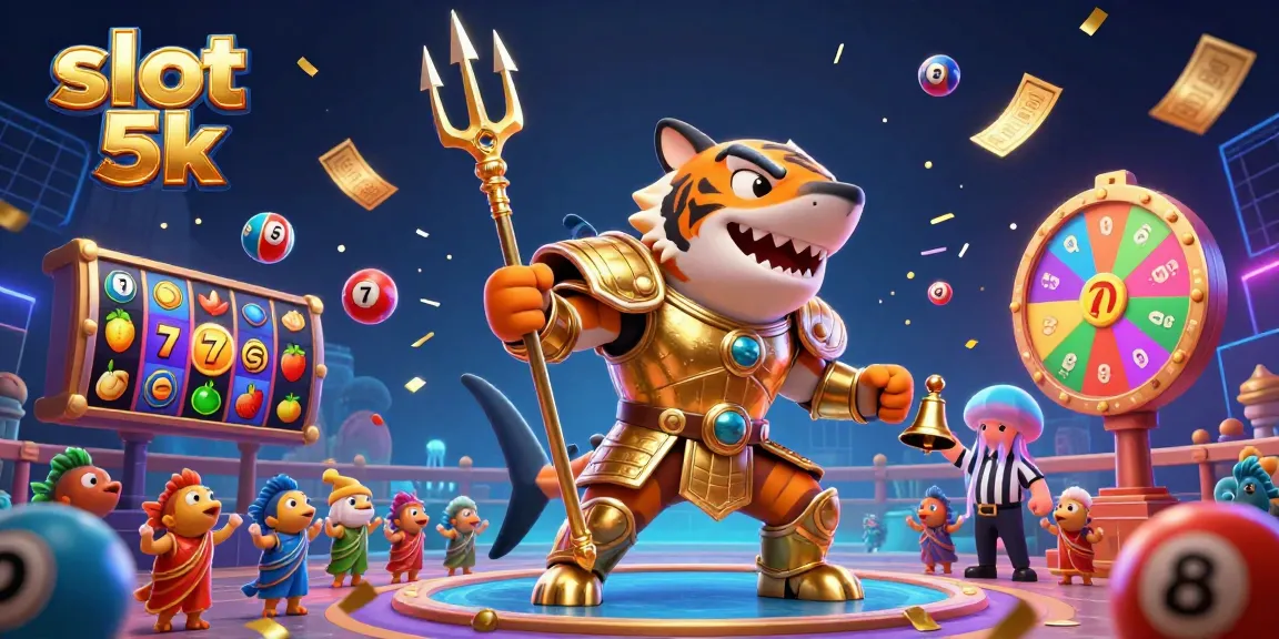 Experience big wins with slot 5k in this festive underwater casino scene featuring a tiger shark gladiator and more.