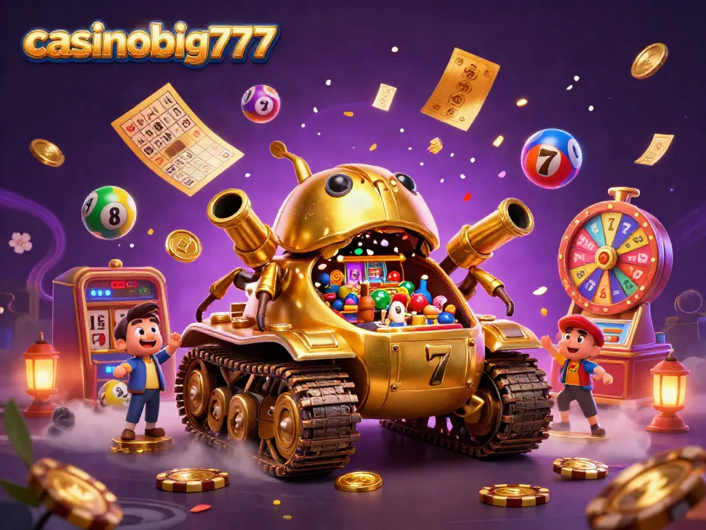 Experience the excitement of casinobig777 with a vibrant 3D illustration showcasing a golden beetle tank casino surrounded by lively lottery elements.