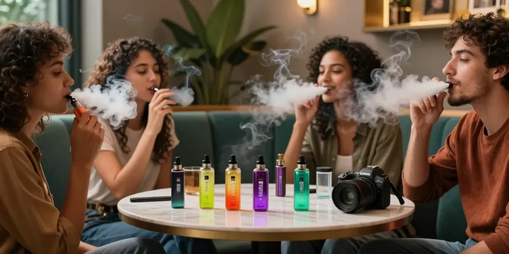 Genieße Al Fakher Vape in entspannter Lounge mit Freunden, buntem Dampf und vielfältigen Geschmacksrichtungen.