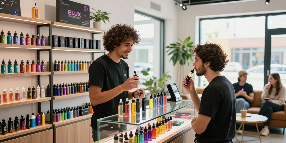Customer exploring Elux nic salt selections in a vibrant vape shop.
