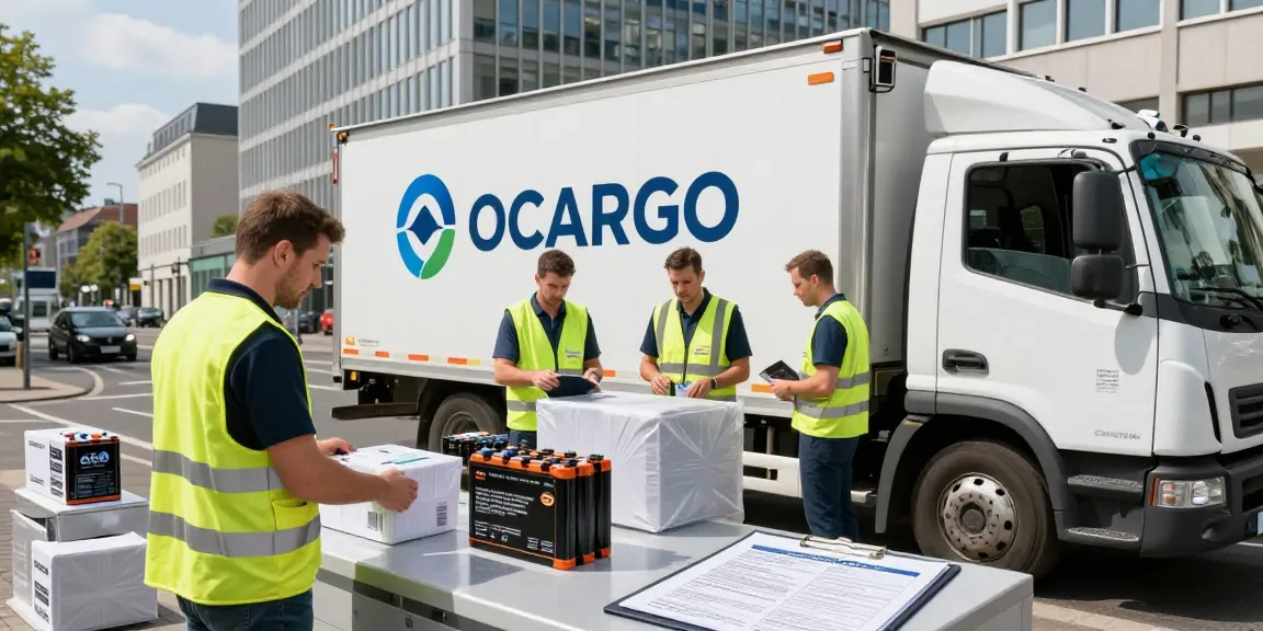 Batterie Transport von Dortmund: Experten prüfen sicher verpackte Batterien in urbaner Logistikumgebung