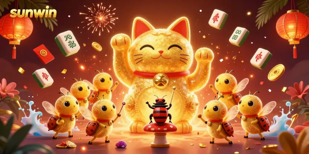 Experience the excitement of sunwin casino with a dynamic illustration of gaming elements and a lucky cat.