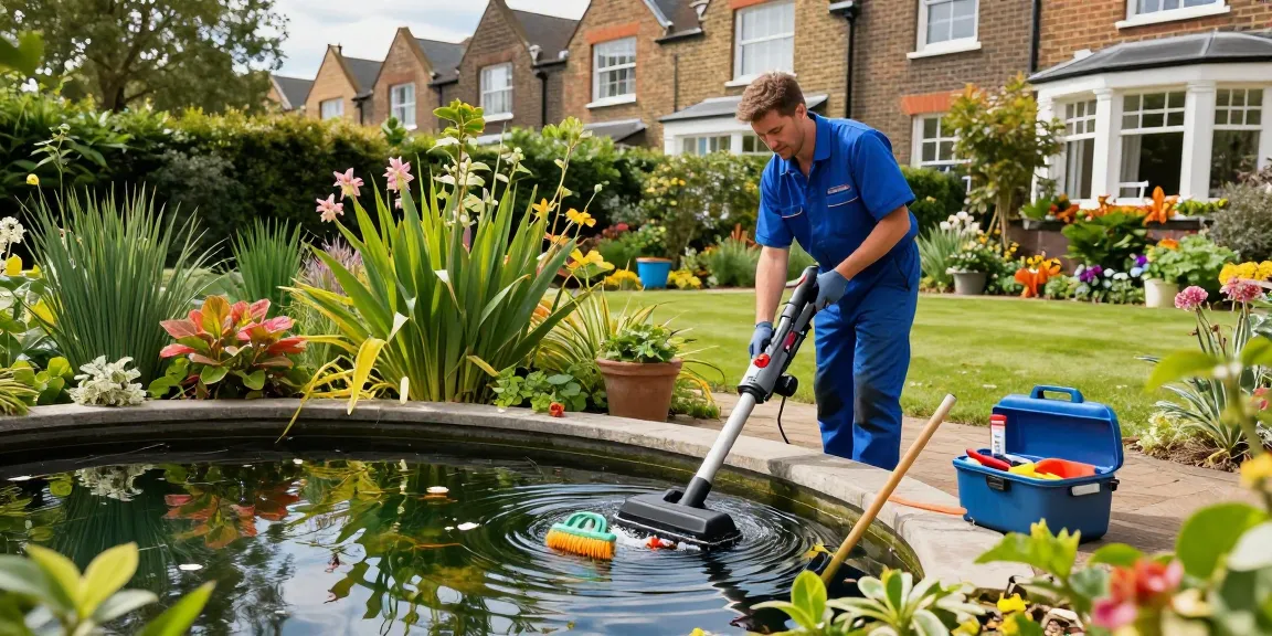Pond Cleaning London by professional technician removing debris while ensuring a pristine garden pond.