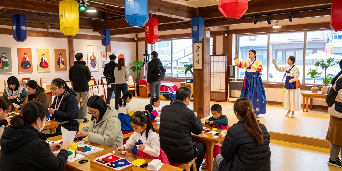 Engaging cultural activities at 상봉동 한국관, featuring diverse visitors and traditional crafts.