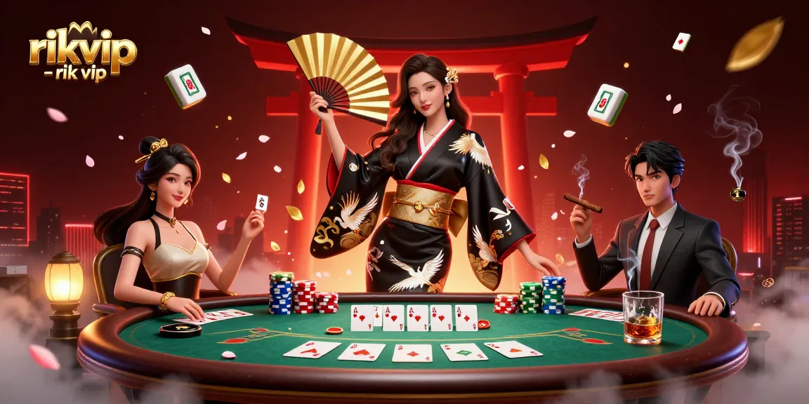 Experience the excitement of rikvip - rik vip with this vibrant casino scene featuring poker elements and an elegant character.