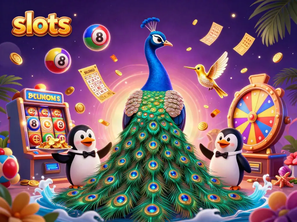 Experience the thrill of slots with a vibrant 3D scene featuring slot reels, lottery elements, and colorful characters.