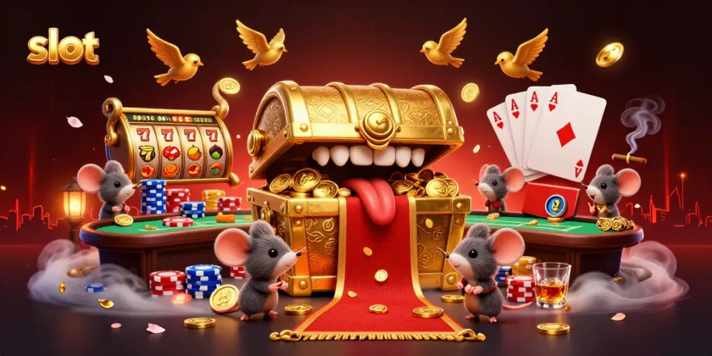 Slot menarik perhatian dengan peti harta karun dan simbol jackpot di latar belakang, menggoda keberuntungan.
