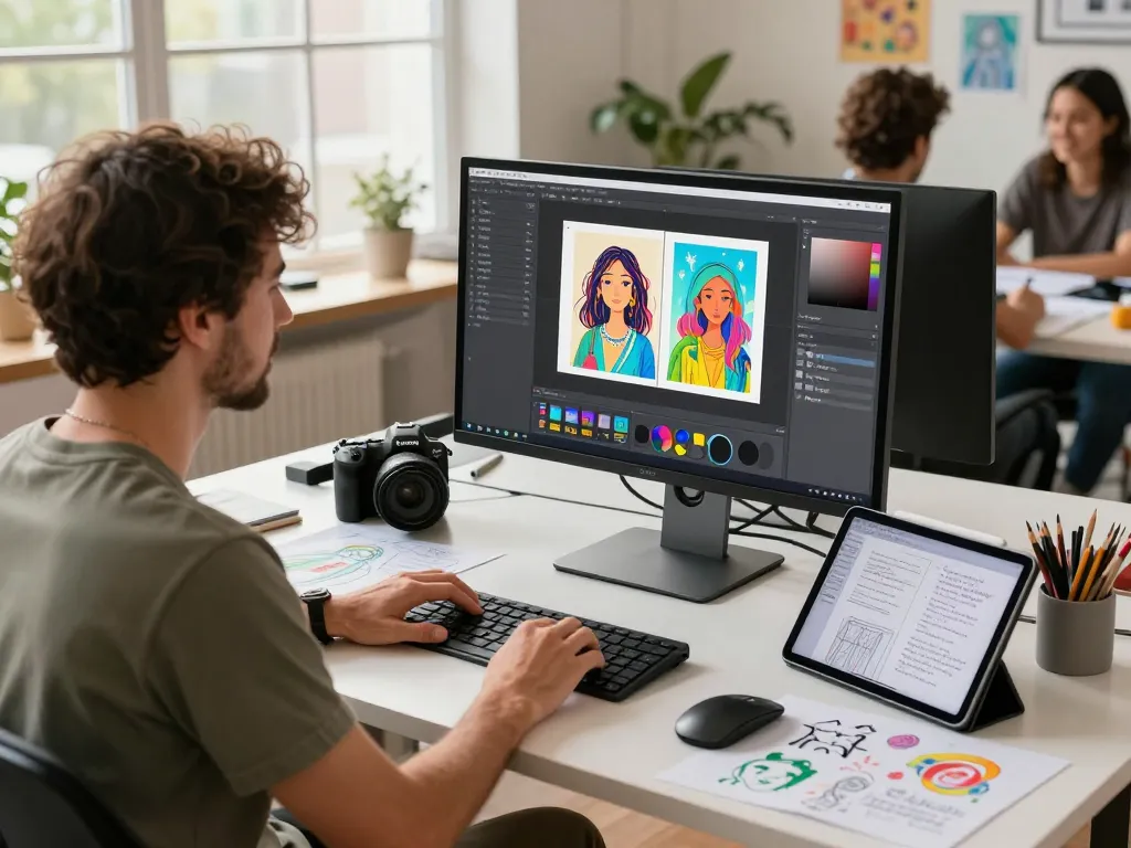 Artist using nano banana 2 AI model at a modern creative workspace.
