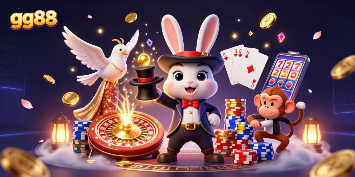 Engaging scene of a 3D magician rabbit, dove, and monkey amidst gold coins and poker chips at gg88.