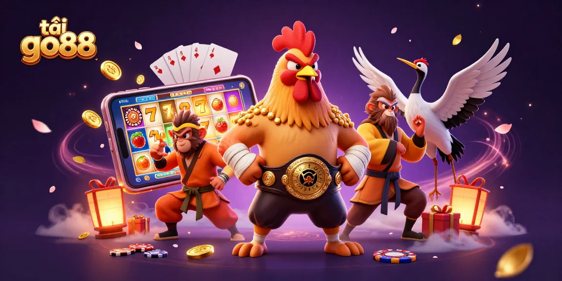 Tải go88 app showcases thrilling gaming features with vibrant graphics and engaging characters in a colorful casino illustration.