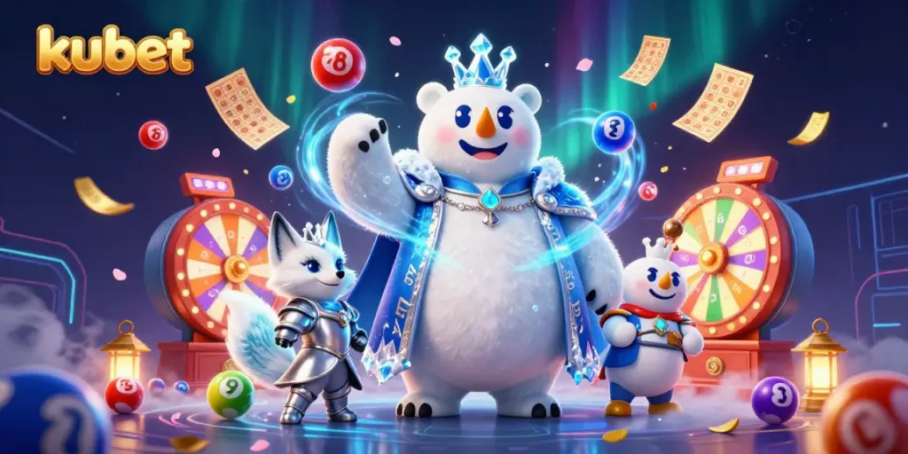 Experience the thrilling atmosphere of kubet with a dynamic scene of an ice king, a snow fox, and vibrant game elements.