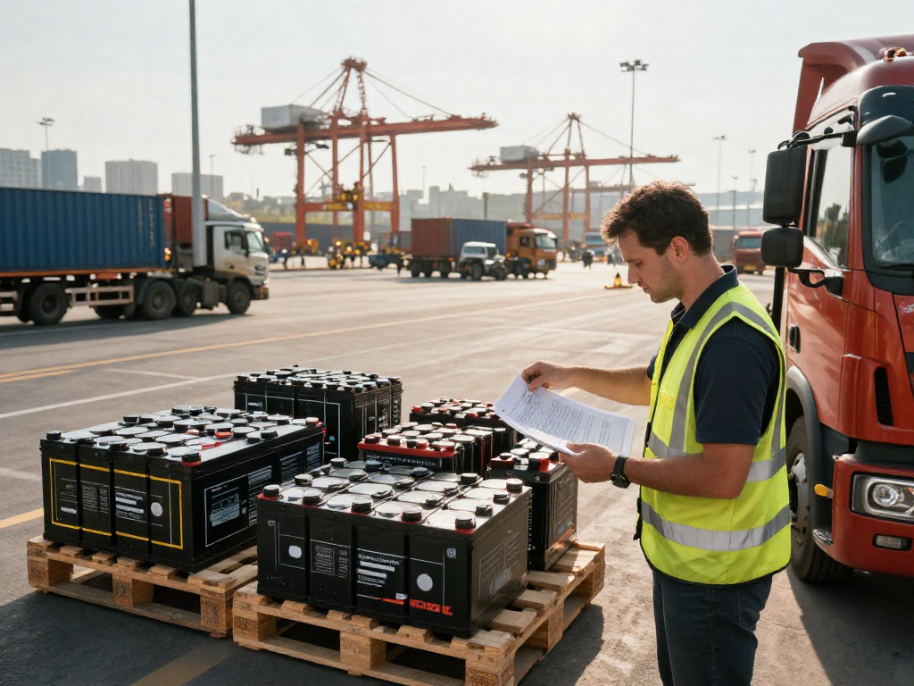 Batterie Transport von Dortmund: Professioneller Fahrer überprüft Transportfahrzeug mit Batterien in einem urbanen Logistikzentrum