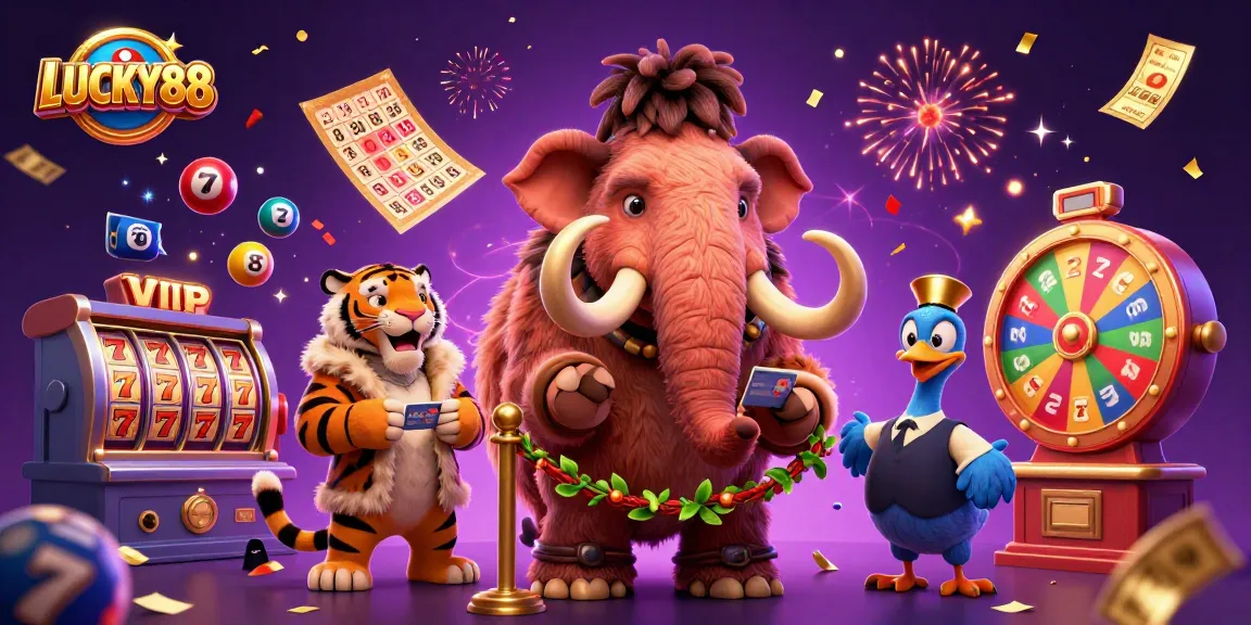 LUCKY88 game excitement featuring a mammoth bouncer and vibrant casino elements.
