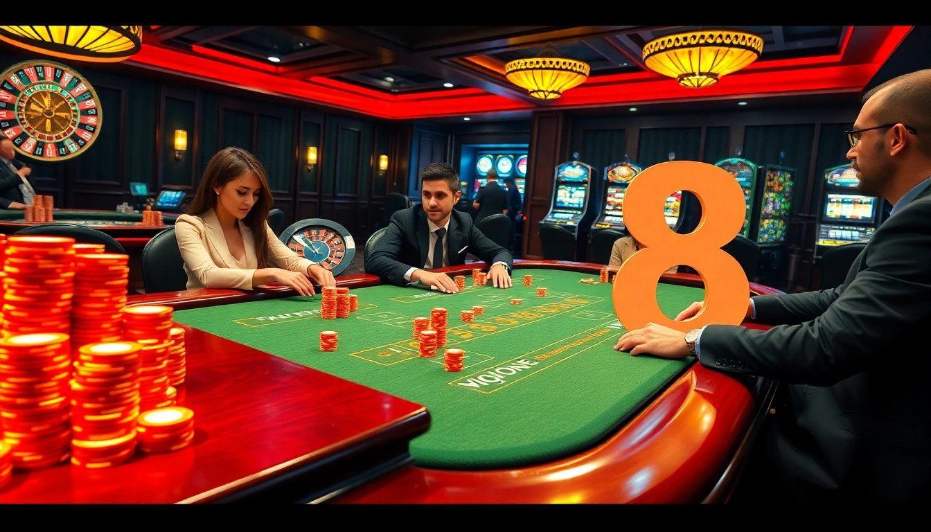 Players at the S8 casino table enjoy high-stakes poker in a vibrant gaming atmosphere.