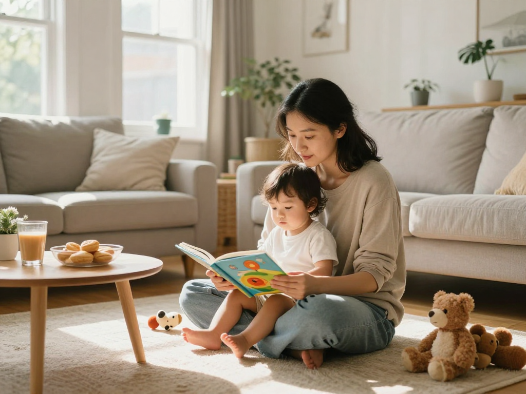 Parent reading with her child at home, illustrating rokok88's parenting approach.