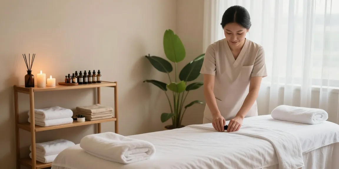 Swedish massage therapy setup with calming oils and soothing ambiance in a wellness center.