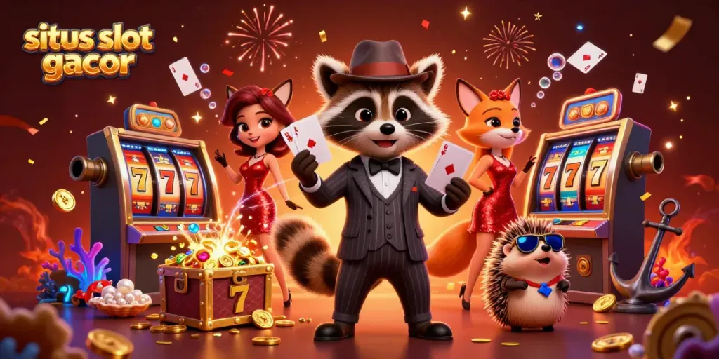 Gambar karakter rakun, rubah, dan landak beraksi di situs slot gacor dengan kemewahan koin emas dan kartu.