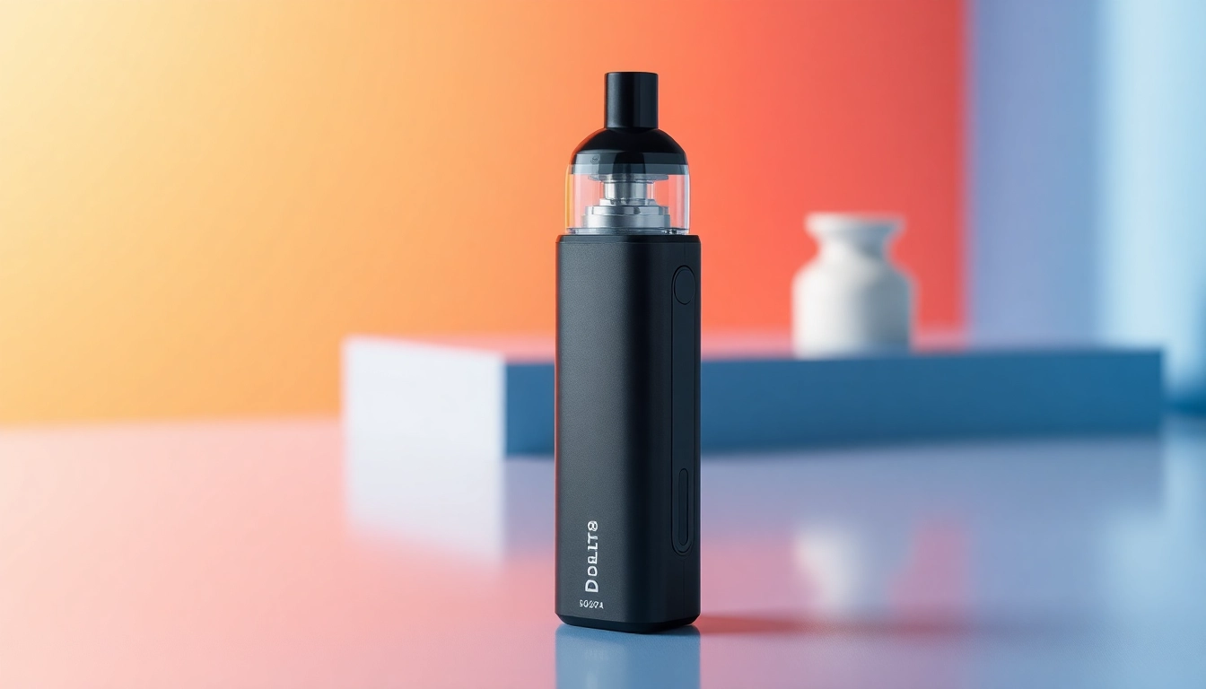 Showcasing delta 8 disposable vape with sleek design and vibrant colors in a minimalist setting.