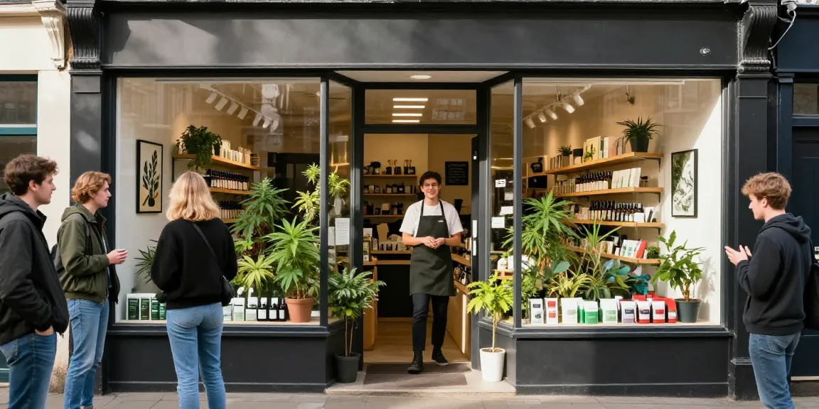 Vibrant scene of a weed shop in Newcastle upon Tyne with welcoming staff and customers browsing.