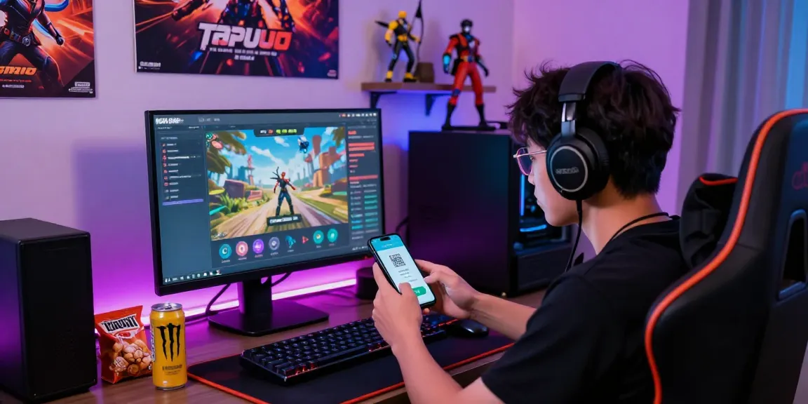 NAGA2000 topup antarmuka QRIS sebagai solusi topup akun game tanpa biaya admin, gamer berfokus di ruangan nyaman