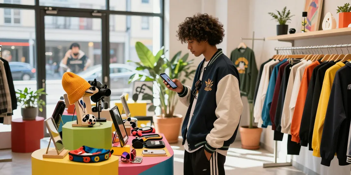 Exploring trendy 레플리카 streetwear items in a vibrant urban shop.