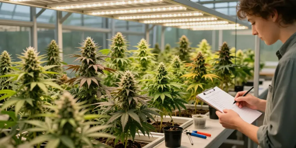 Exploring different cannabis seed varieties in a modern greenhouse environment.