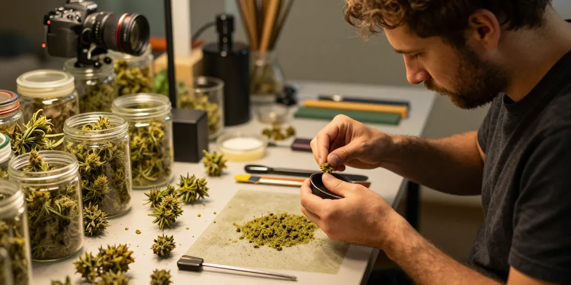 Artisan using a hash sieb for cannabis trichome separation.