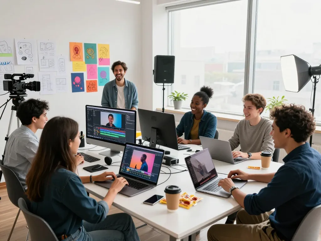 Collaborative video production team using seedance 2.0 in a bright, modern studio