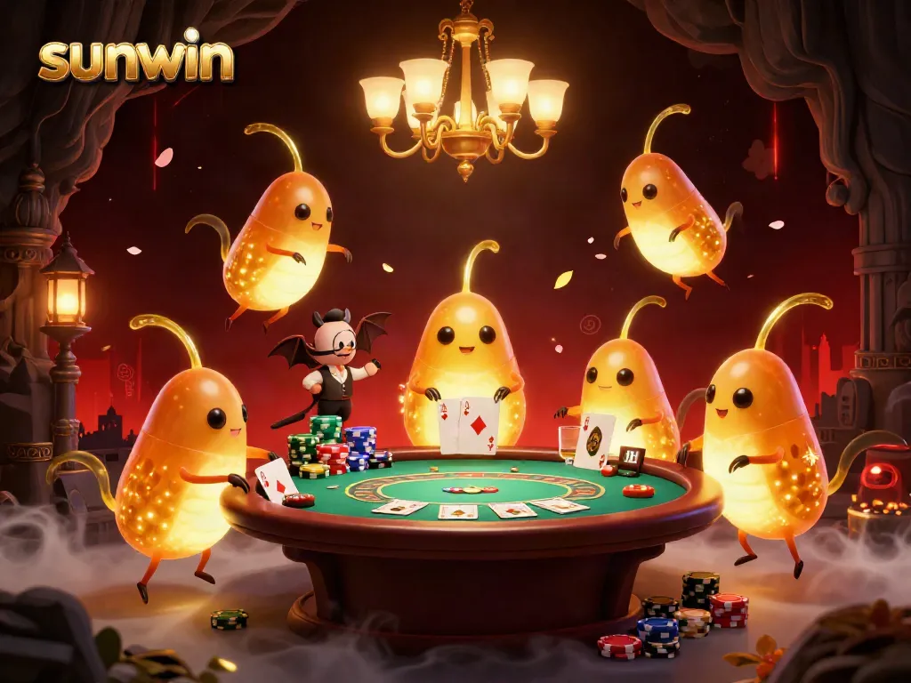 Experience sunwin's vibrant casino atmosphere with glowworms illuminating the poker table and a bat dealer.