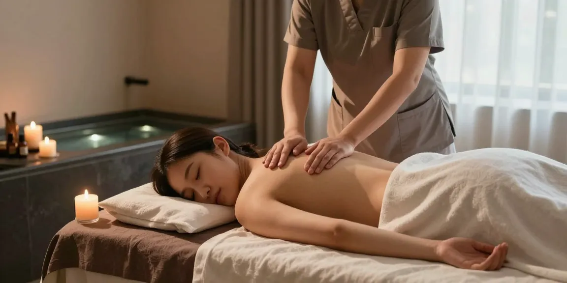 Relaxing 부산스웨디시 massage scene in a tranquil spa environment with candles and soft lighting.