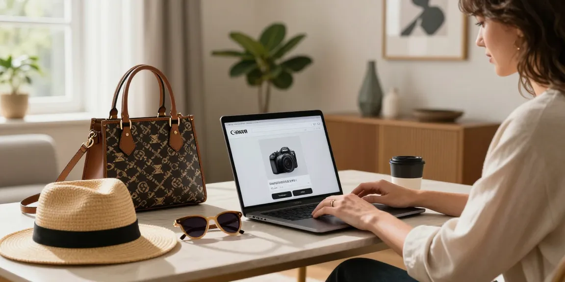 Stylish person browsing 레플리카 쇼핑몰 with trendy accessories in cozy home setting