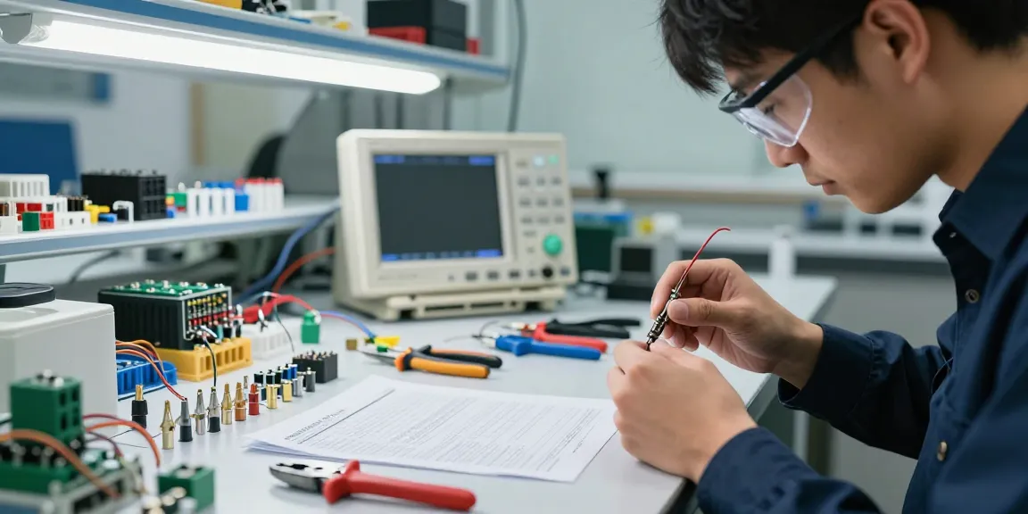 Technician assembling wire crimp connectors with precision tools in an electronic workspace