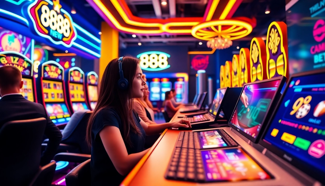 Engaging scene of users enjoying games at 888new, showcasing vibrant digital interface and 24/7 customer support.