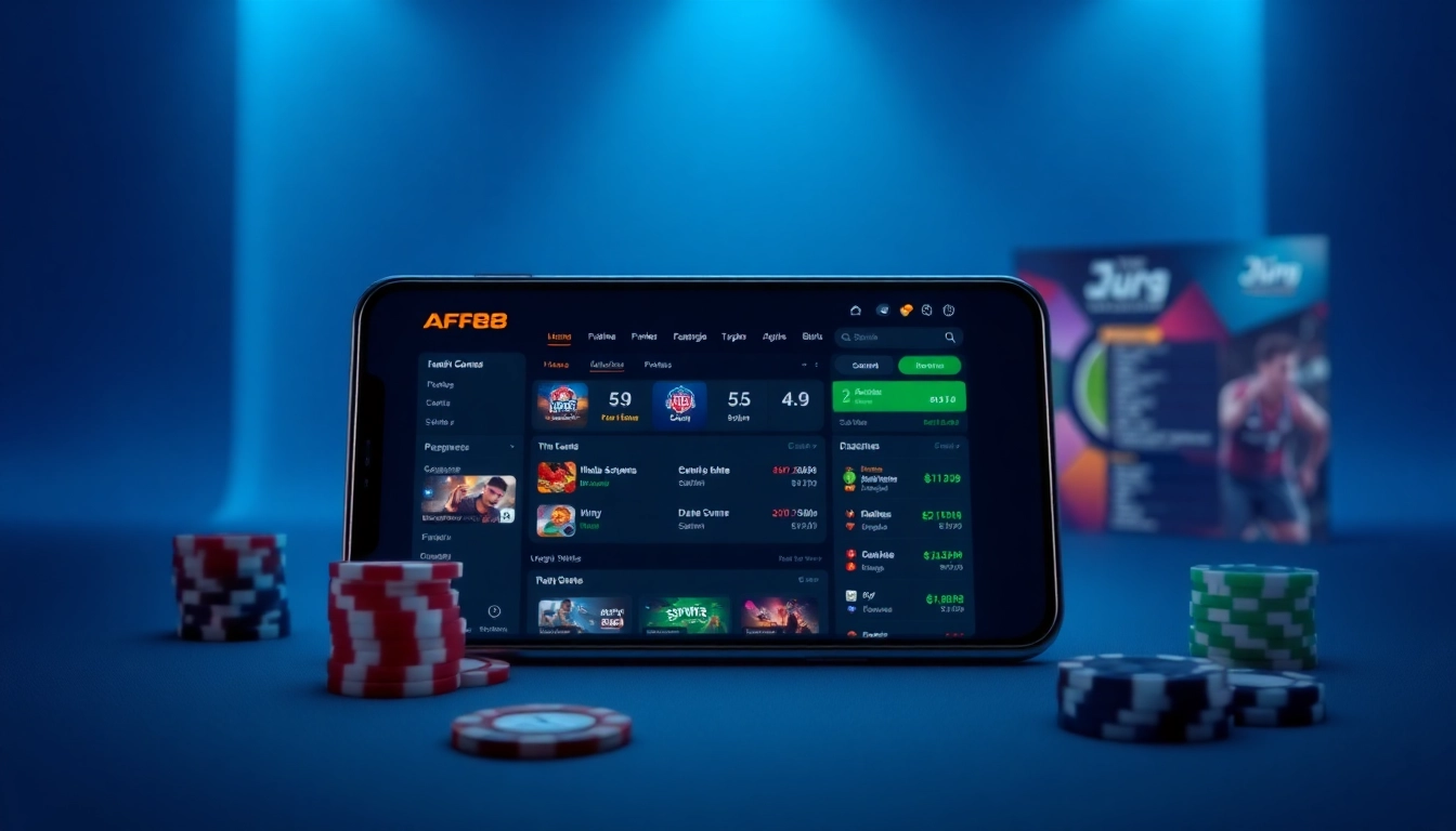 AF88 mobile app interface showcasing sports betting options in a sleek casino setting