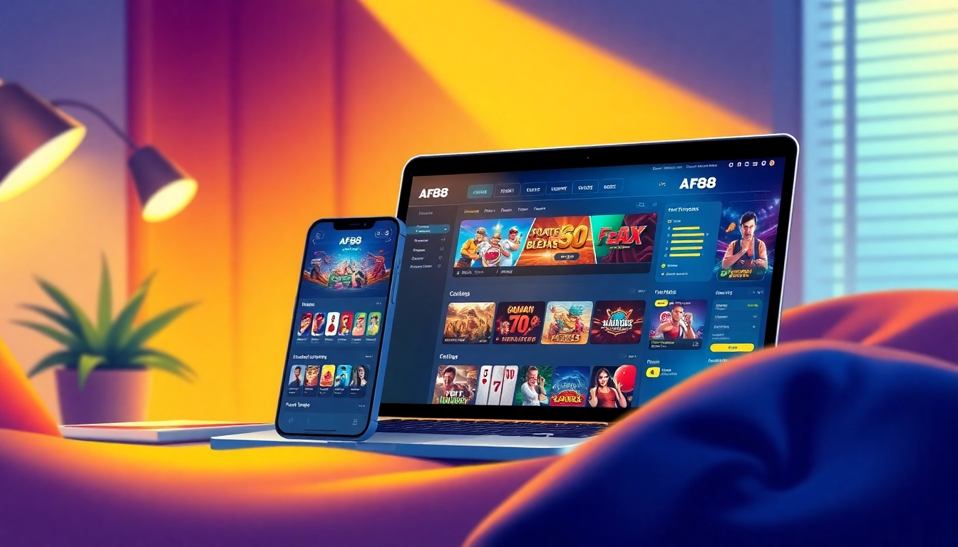AF88 online gambling platform showcasing a modern interface on devices with vibrant gaming elements.