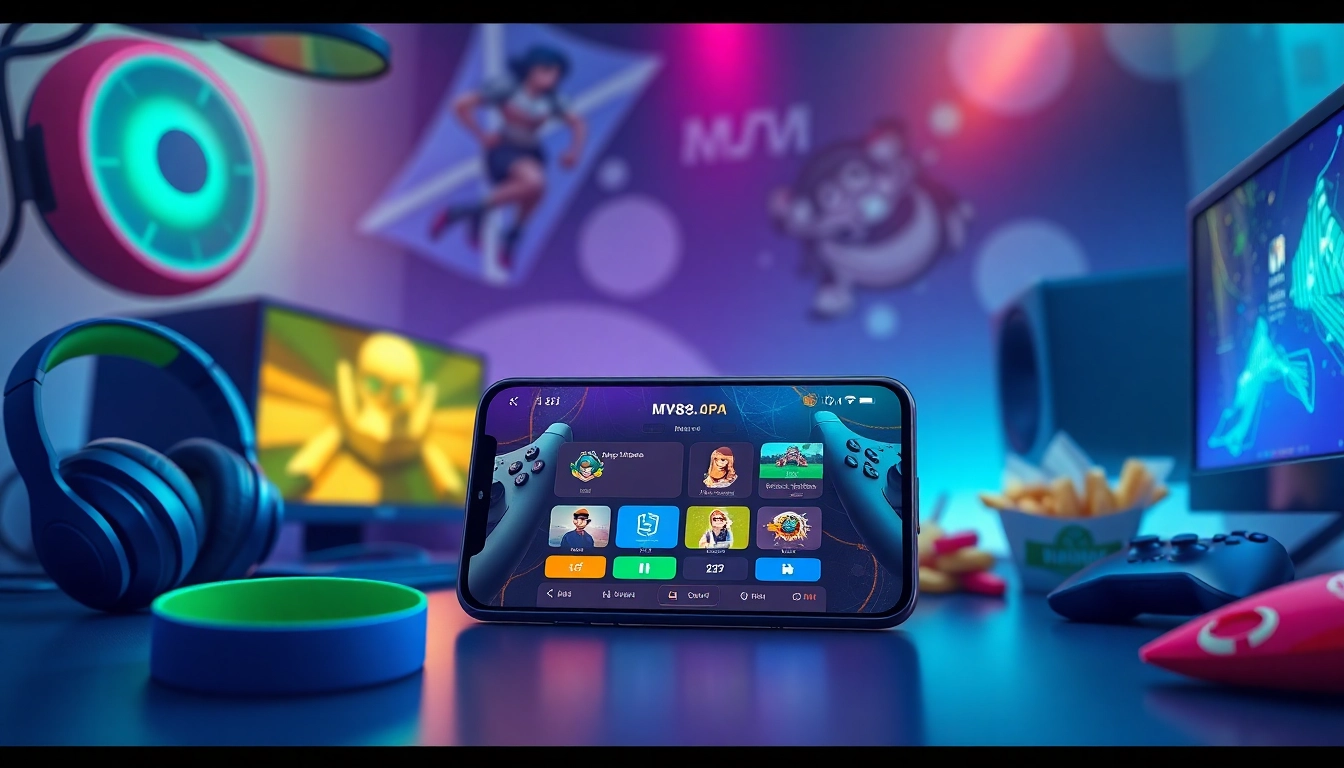 MV88 app on a smartphone amidst a gaming setup, showcasing modern technology