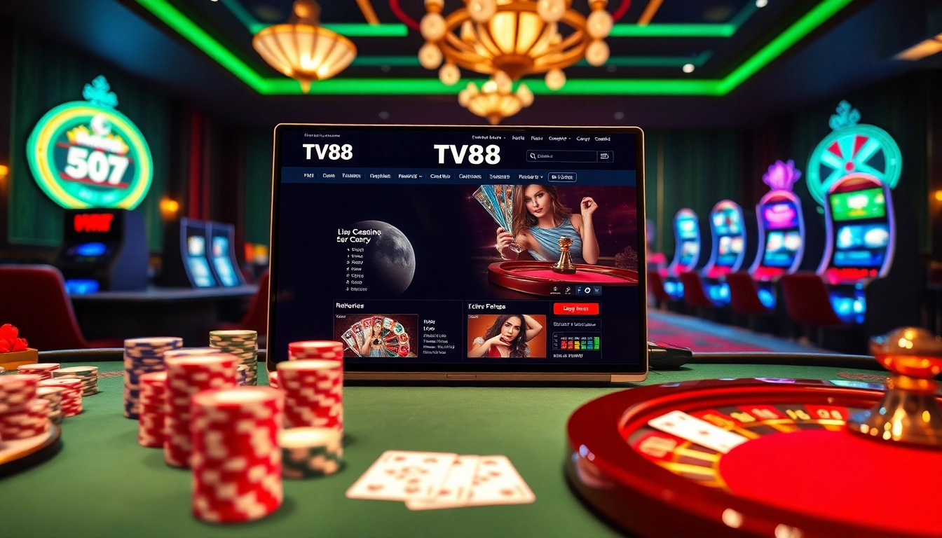 Experience the excitement of TV88 with vibrant casino tables and engaging online gambling elements.