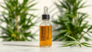 Showcasing CBD Oil in a sleek, minimalist setting with natural elements, emphasizing quality and wellness.