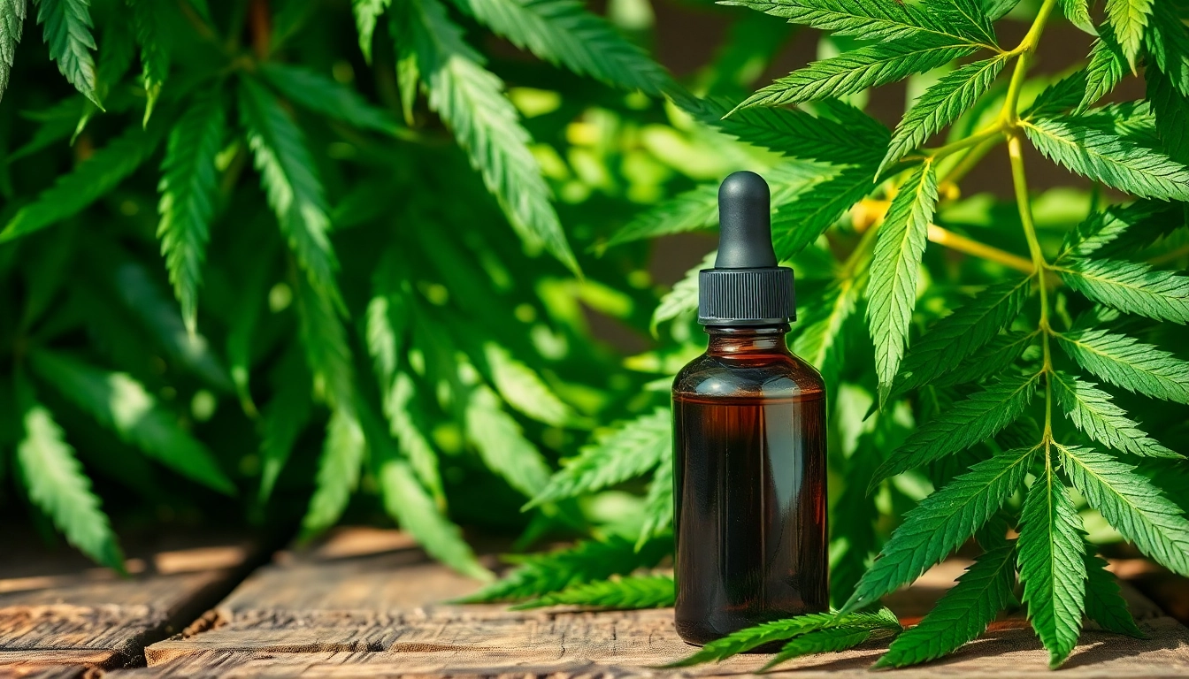 Highlighting CBD oil bottles amidst fresh hemp leaves for wellness.