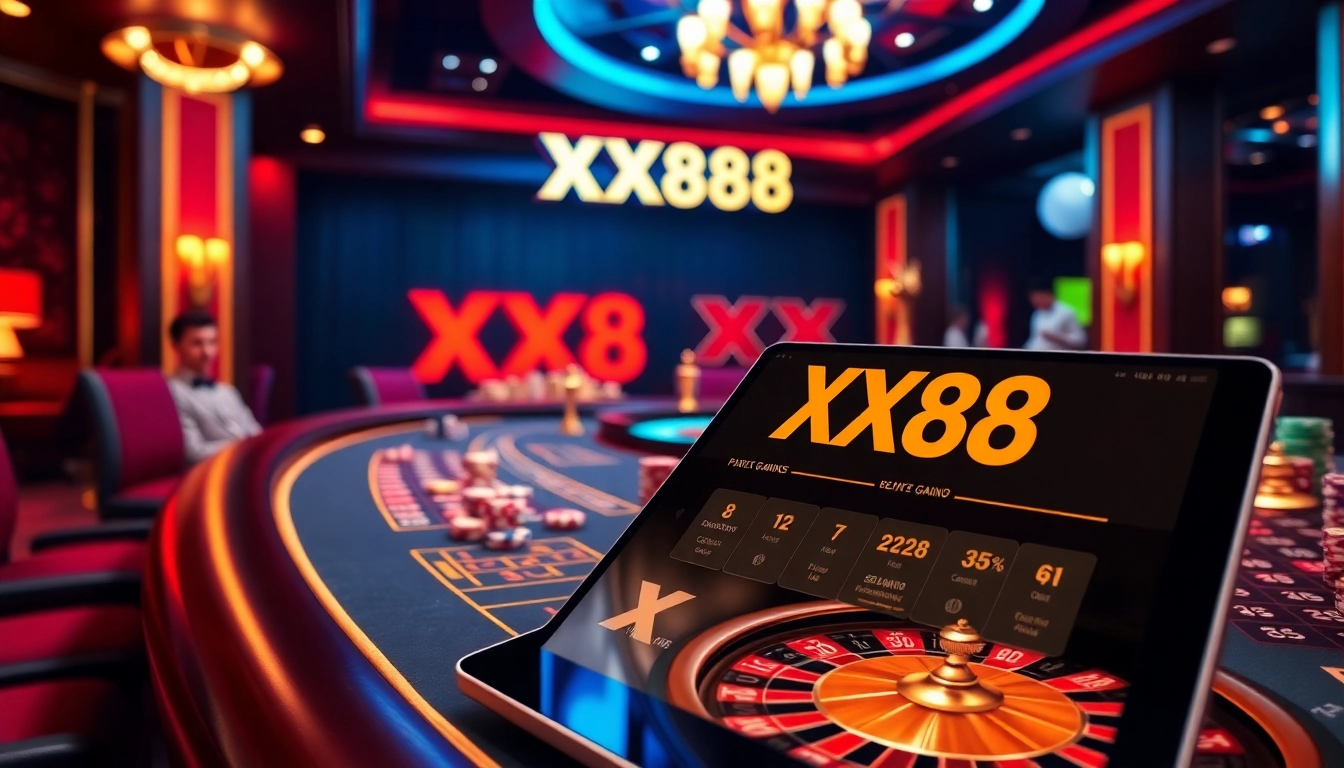 Experience an exciting game at the XX88 casino table bustling with activity and vibrant betting chips.
