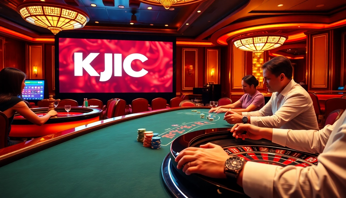 Experience the excitement of Kjc onl casino gaming with vibrant poker tables and thrilling roulette.