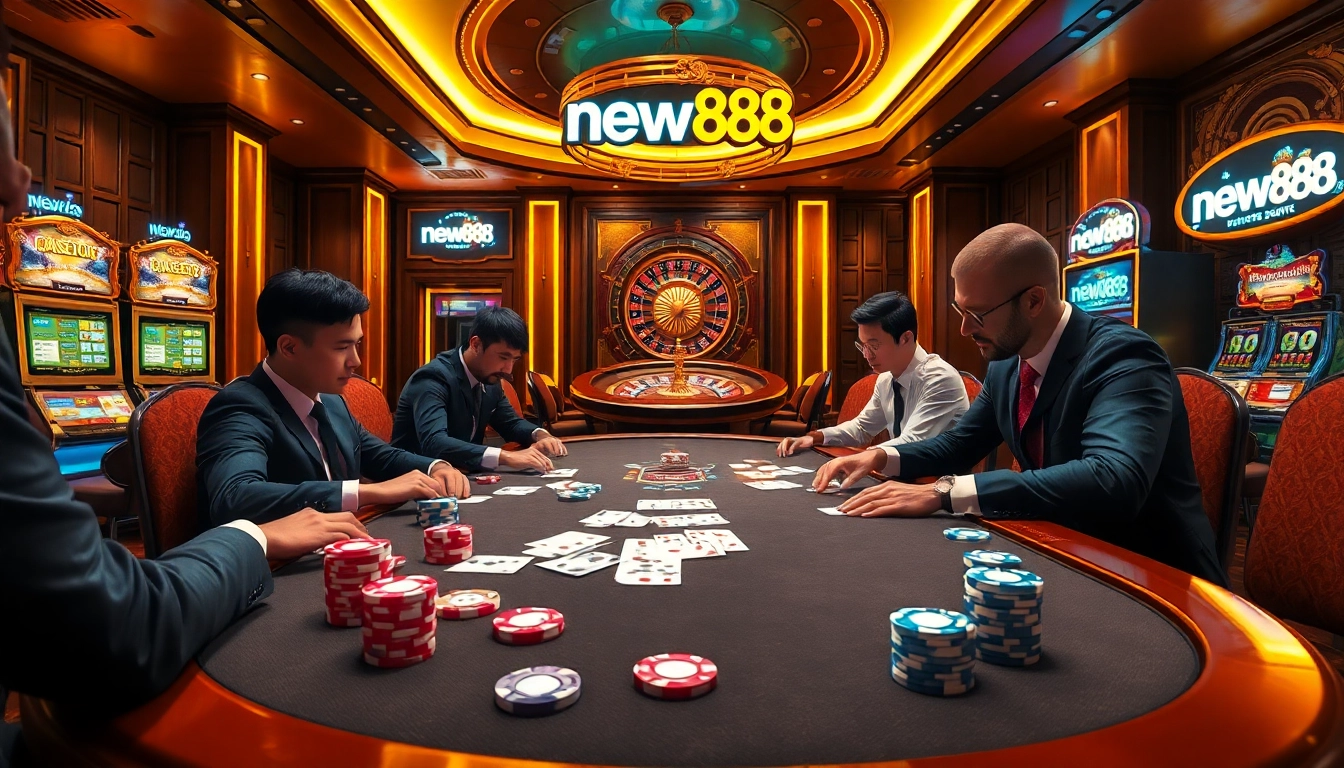 Engage in high-stakes poker at new888 casino, featuring colorful chips and a vibrant atmosphere.