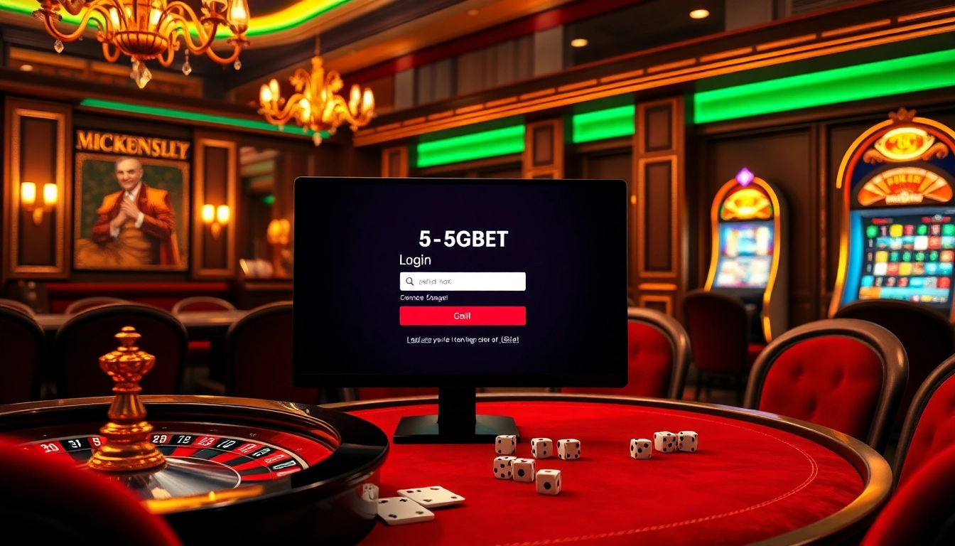 Experience the excitement of 5GBET Login with a luxurious casino scene featuring poker chips and roulette.