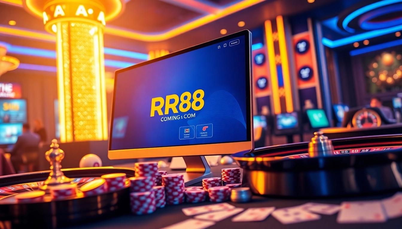Exciting RR88 COM online casino scene featuring vibrant games and luxurious betting elements.