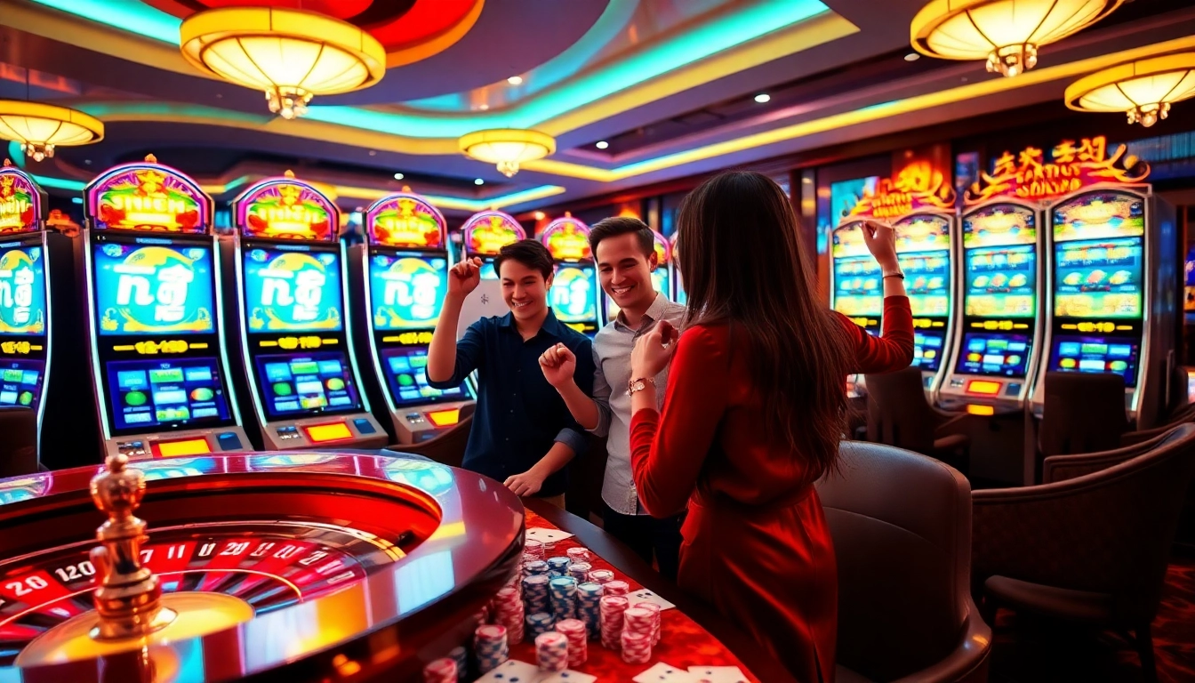 Players enjoying vibrant slot machines showcasing nổ hủ in a luxury casino atmosphere.