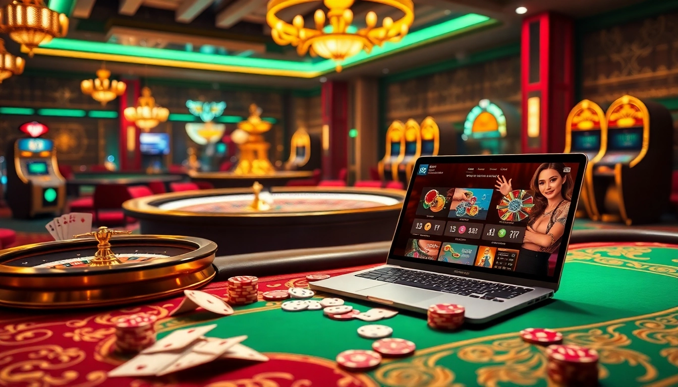 Experience thrilling gameplay at https://jun88ld.com/ with vibrant casino tables, cards, and slot machines.