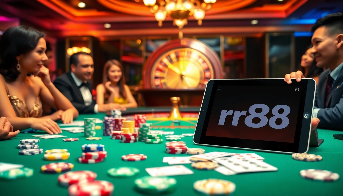 Experience the thrill of nhà cái rr88 with an engaging casino scene featuring poker chips and vibrant games.
